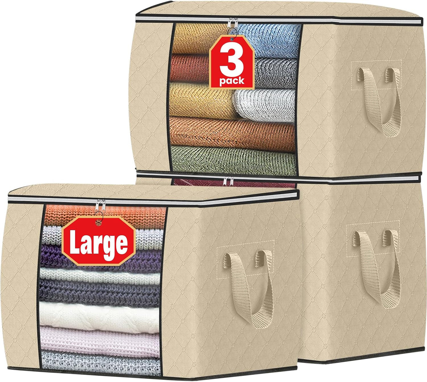 Fab totes 6 Pack Storage Bags for Clothes and Blanket, Foldable Closet Organizers and Storage with Zippers, Clear Window and Handles, Fabric Storage Bins for Sweater, Comforter, Bedding,Linen Sheets