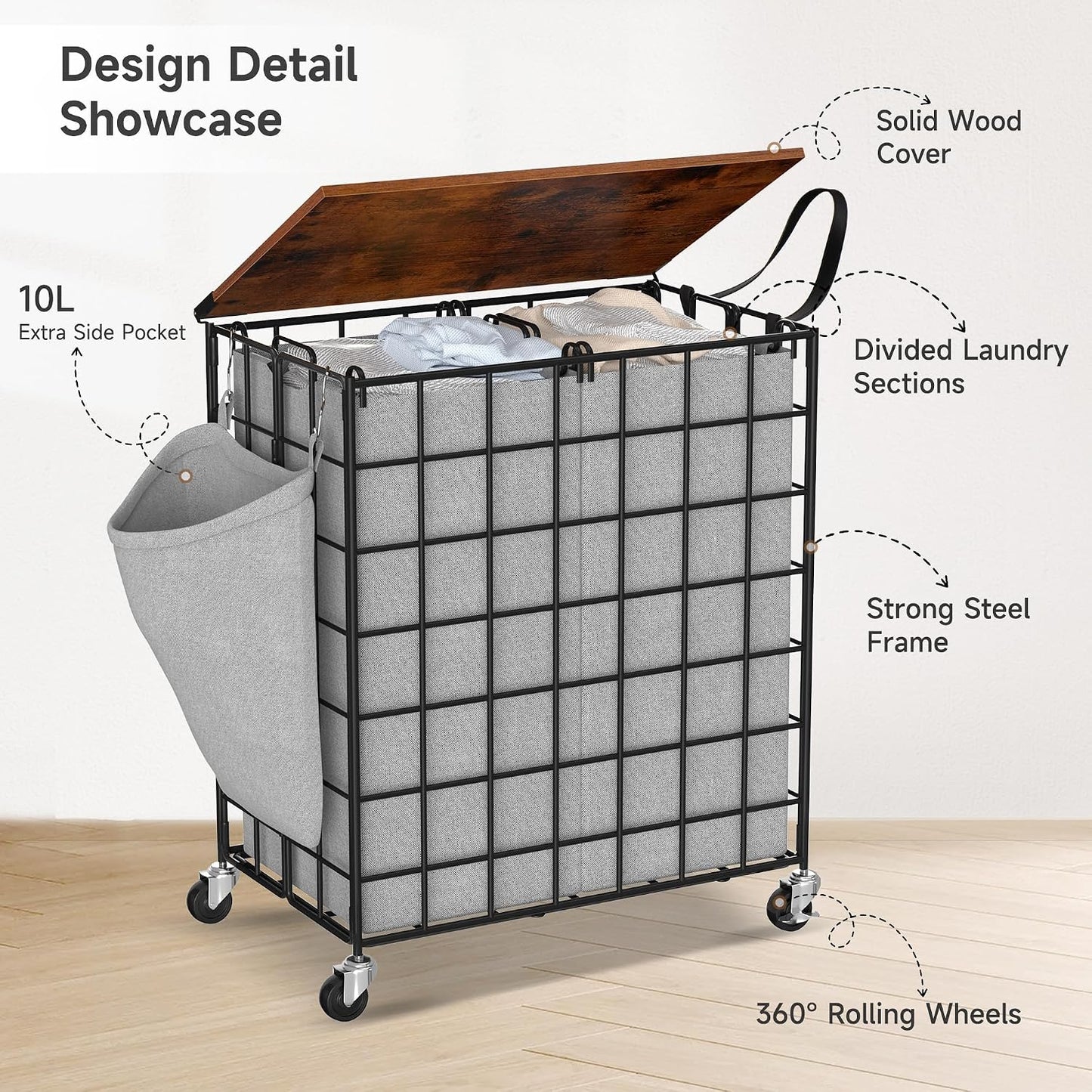 Laundry Basket with Wheels, Heavy Duty Laundry Sorter 2 Sections, 120L (32Gal.) Large Capacity Laundry Hamper with Wood Lid, 360 Rolling Wheels, Extra Side Pocket, Leather Pull Handle, Beige
