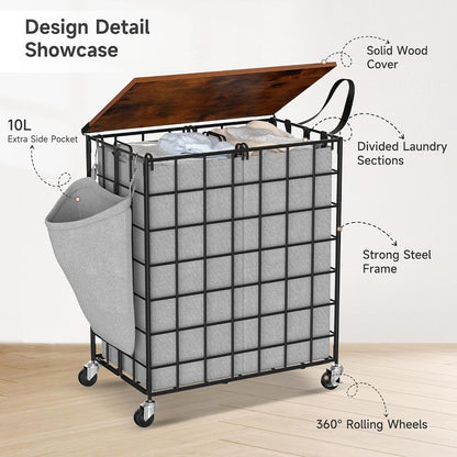 Laundry Basket with Wheels, Heavy Duty Laundry Sorter 2 Sections, 120L (32Gal.) Large Capacity Laundry Hamper with Wood Lid, 360 Rolling Wheels, Extra Side Pocket, Leather Pull Handle, Beige
