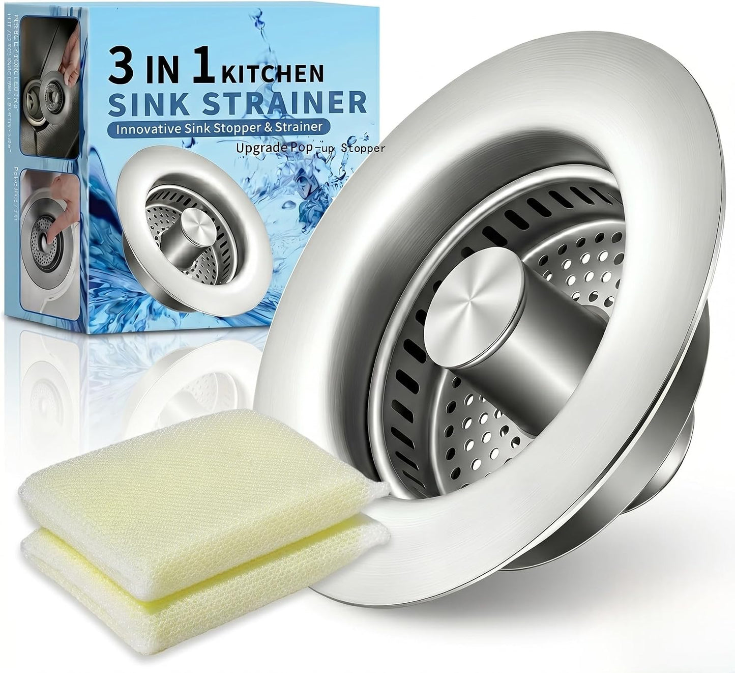 3-in-1 Kitchen Sink Drain Strainer - Pop Up Sink Stopper, Stainless Steel Sink Drain Strainer, Kitchen Sink Stopper & Drain Plug with Anti-Clogging Basket,Sink Strainer Fits US Standard 3-1/2'' Drains
