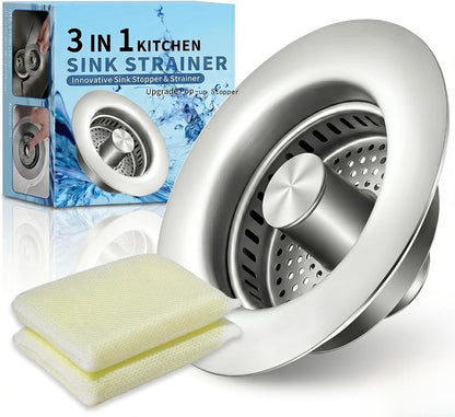 3-in-1 Kitchen Sink Drain Strainer - Pop Up Sink Stopper, Stainless Steel Sink Drain Strainer, Kitchen Sink Stopper & Drain Plug with Anti-Clogging Basket,Sink Strainer Fits US Standard 3-1/2'' Drains