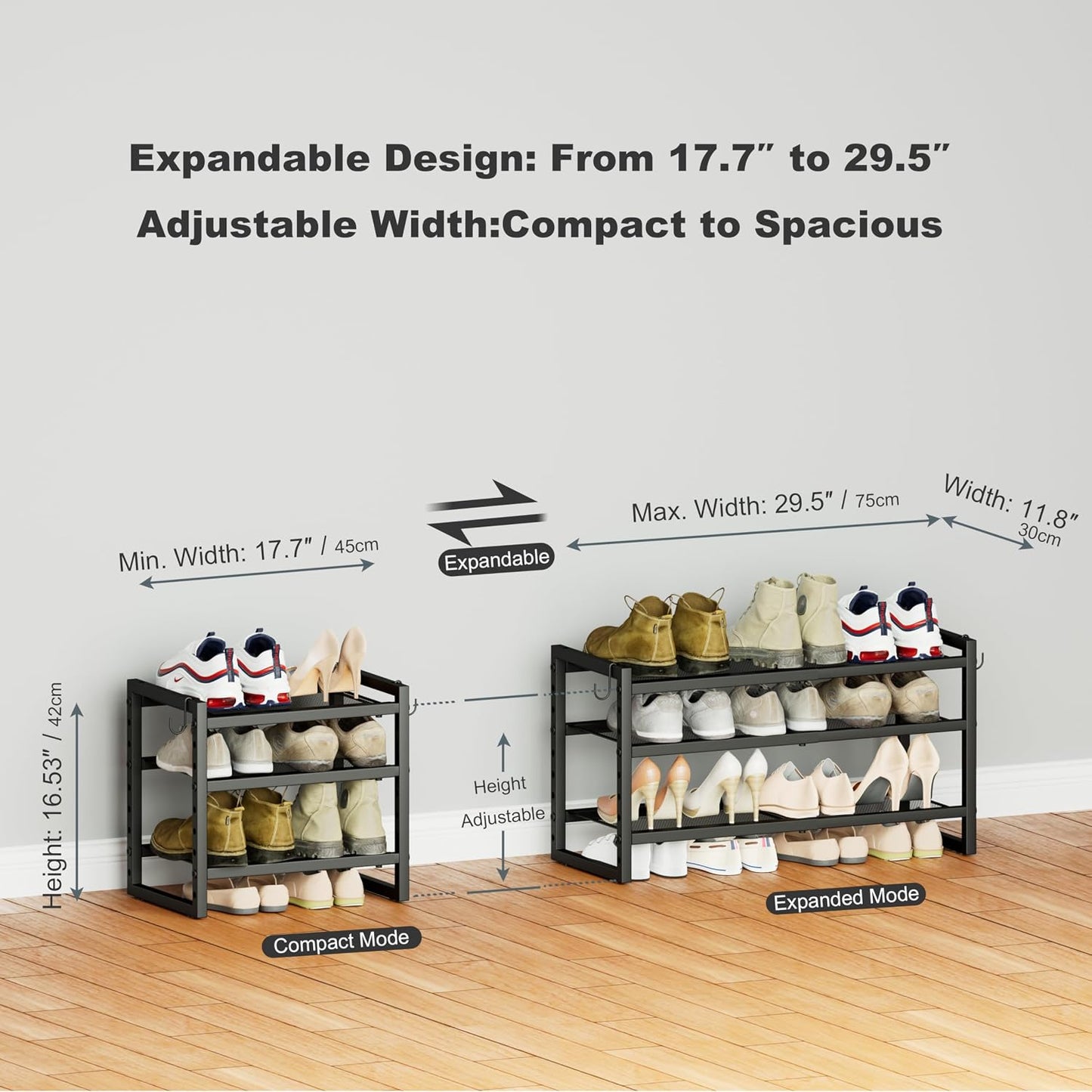 CHEMPFR Expandable & Stackable Metal Shoe Rack, Heavy-Duty Adjustable Shoe Organizer with Mesh Shelves, Freestanding Shoe Storage for Entryway Closet Garage (Black 3-Tier)