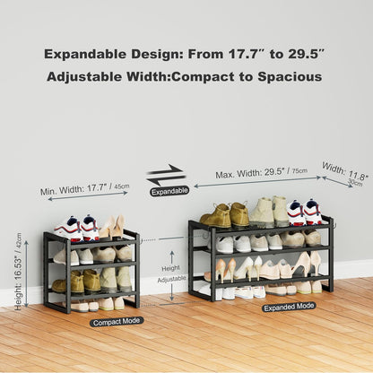 CHEMPFR Expandable & Stackable Metal Shoe Rack, Heavy-Duty Adjustable Shoe Organizer with Mesh Shelves, Freestanding Shoe Storage for Entryway Closet Garage (Black 3-Tier)