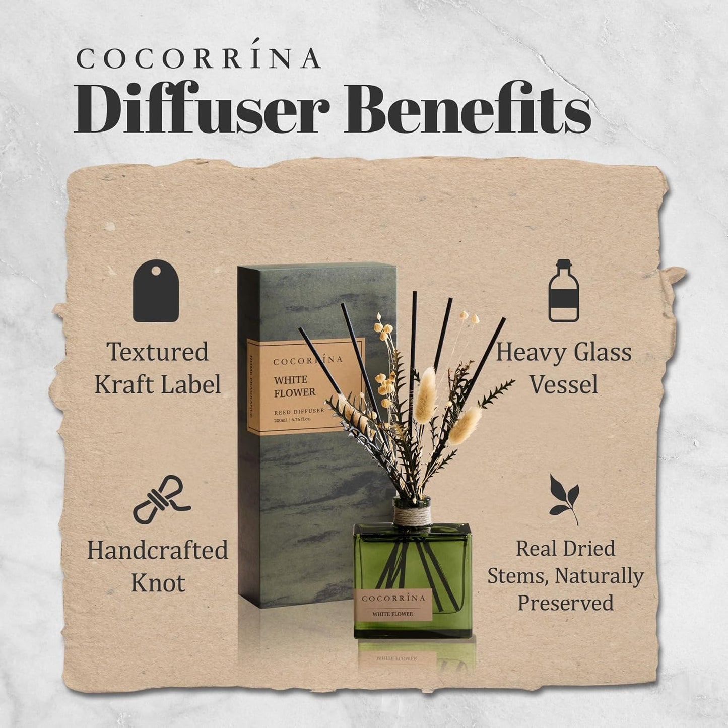 COCORRÍNA Reed Diffuser, 6.76 oz Moroccan Amber Scent Reed Diffuser with 6 Sticks & Dried Flowers, Long Lasting Elegant Fragrance Home Décor for Bathroom Bedroom Office