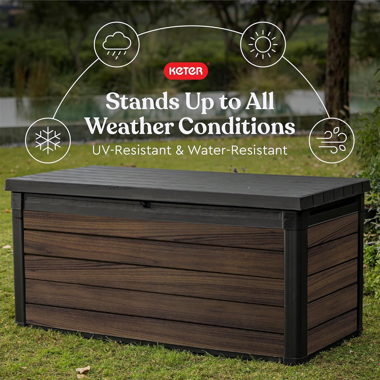Keter Signature Everwood 30 Gallon Resin Outdoor Storage Box and Patio Furniture Side Table for Pool and Garden Accessories, Walnut