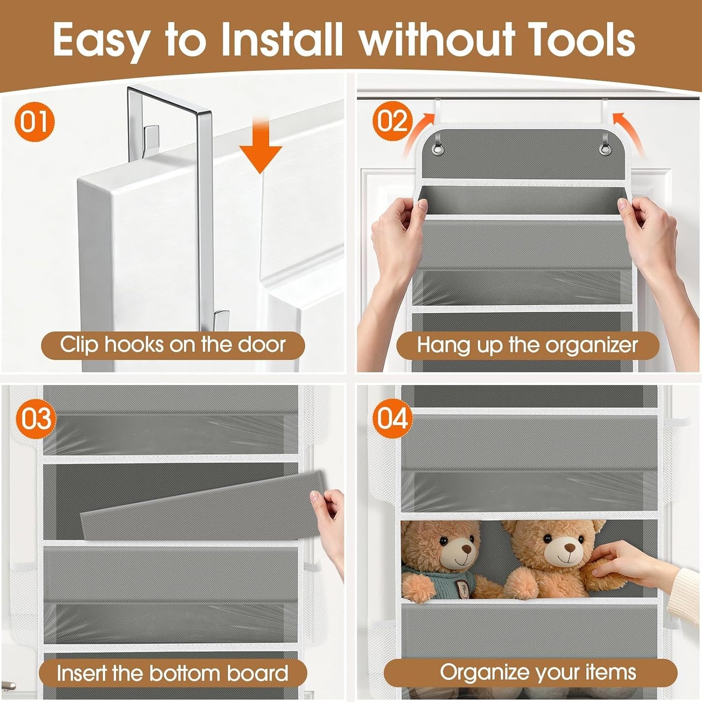 WISELIFE Over The Door Organizer Storage with 4 Large Pockets Door Hanging Organizer with Clear Windows behind The Door Storage for Nursery Bedroom Bathroom Pantry Closet and Baby Essentials Dark Grey