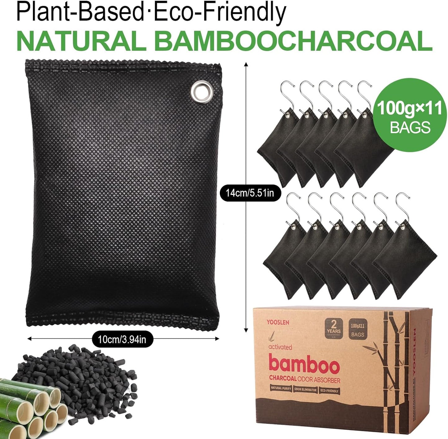 Activated charcoal deodorizer (11 x 100g), bamboo charcoal air purification bags, suitable for dehumidifying, home, refrigerator, shoes, pets, wardrobe, car air freshener deodorant bags.