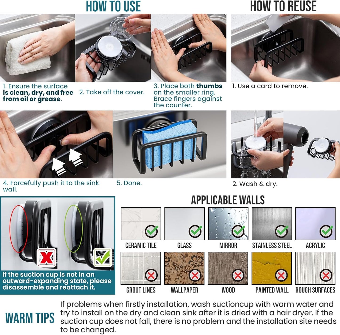 TAILI Sponge Holder with Strong Suction Cup, Dish Sponge Caddy Inside Sink Removable, Rustproof Aluminum for Sponges, Brushes, Stoppers and Scrapers - Black