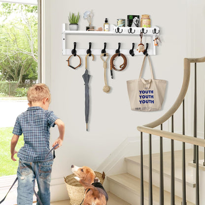 Coat Rack Wall Mount with Shelf, 27.5" Entryway Wall Hanging Shelf, Coat and Key Hanger with 10 Dual Hooks, Mail Organizer and Key Holder Hat Rack for Wall, Wood Coat Hooks with Storage