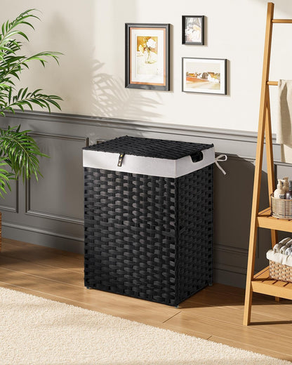 Greenstell Laundry Hamper with 2 Removable Liner Bags, Foldable Divided Clothes Hamper, 90L Handwoven Rattan Laundry Basket with Lid and Handles, No Assembly Needed, 18.3x13.3x24 Inches, Black