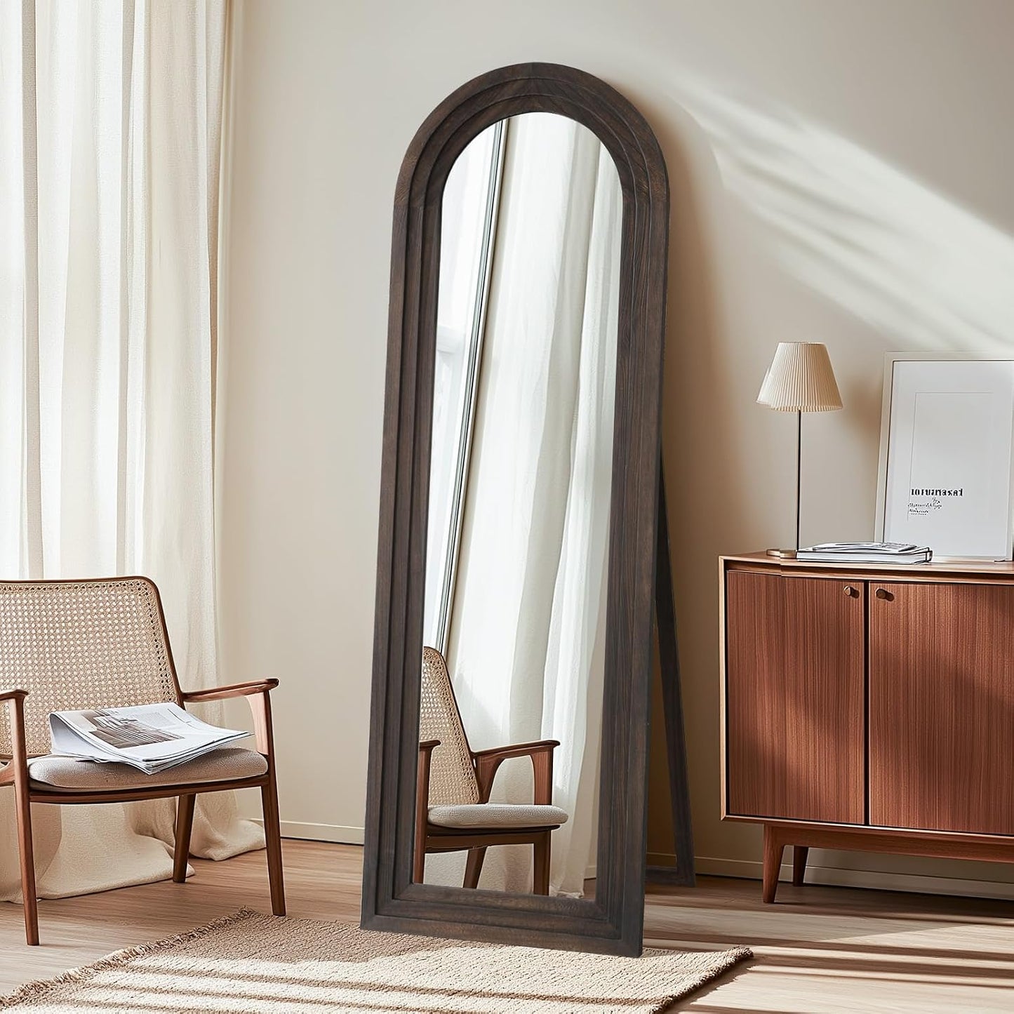 MELOMOIR Arched Full Length Mirror with Solid Wood Frame, 56"x21" Rustic Farmhouse Floor Mirror with Stand, Free Standing Leaning Hanging, for Bedroom Living Room Dressing Room Entryway, Brown