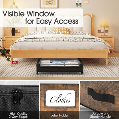 Yecaye Under Bed Storage with Wheels, 2 Pack Under Bed Storage Containers, 60L Underbed Shoe Storage with Clear Window & Label, Rolling Under Bed Metal Drawer for Clothes, Shoes, Books, Blankets