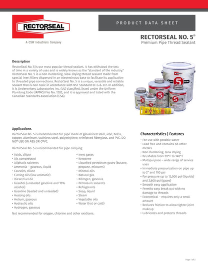 RectorSeal No. 5 25790 Pipe Thread Sealant, Lubricates & Protects Threads, Soft Setting, Slow Drying, & Permits Easy Breakout and Contains No Other Metals, 1.75 oz