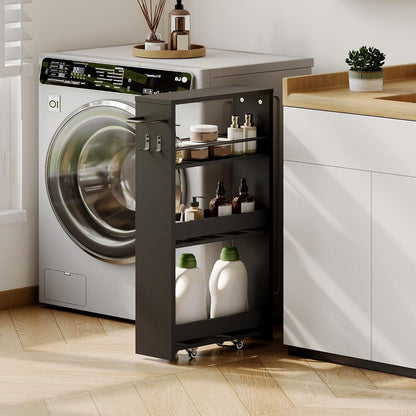 ChooChoo 4-Tier Slim Storage Cart, 7.87 inches Wide Narrow Storage Cabinet with 360° Wheels and 2 Hooks, Space-Saving Organizer for Kitchen, Narrow Places, Dining Room, Walnut+White