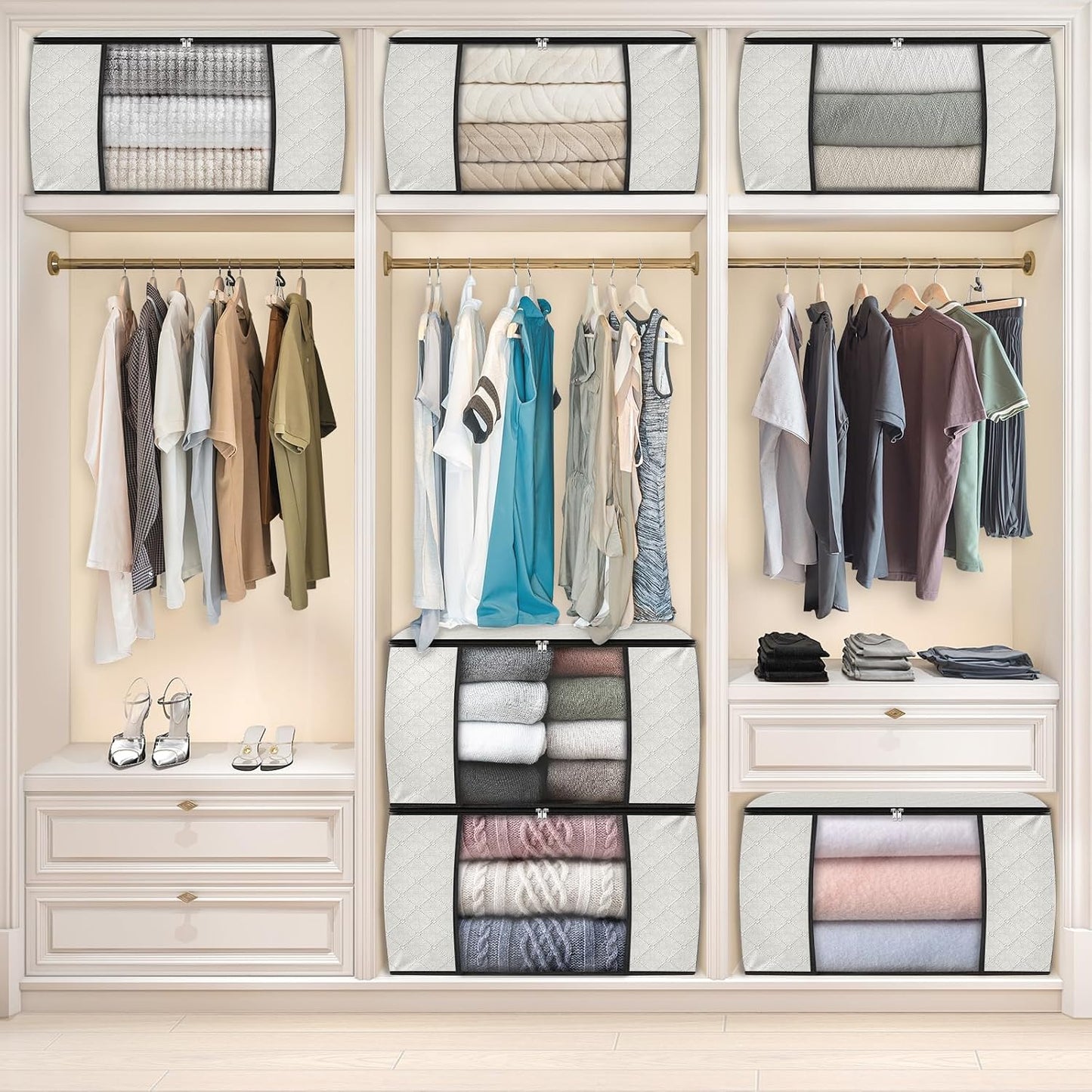 Fab totes 6 Pack Storage Bags for Clothes and Blanket, Foldable Closet Organizers and Storage with Zippers, Clear Window and Handles, Fabric Storage Bins for Sweater, Comforter, Bedding,Linen Sheets