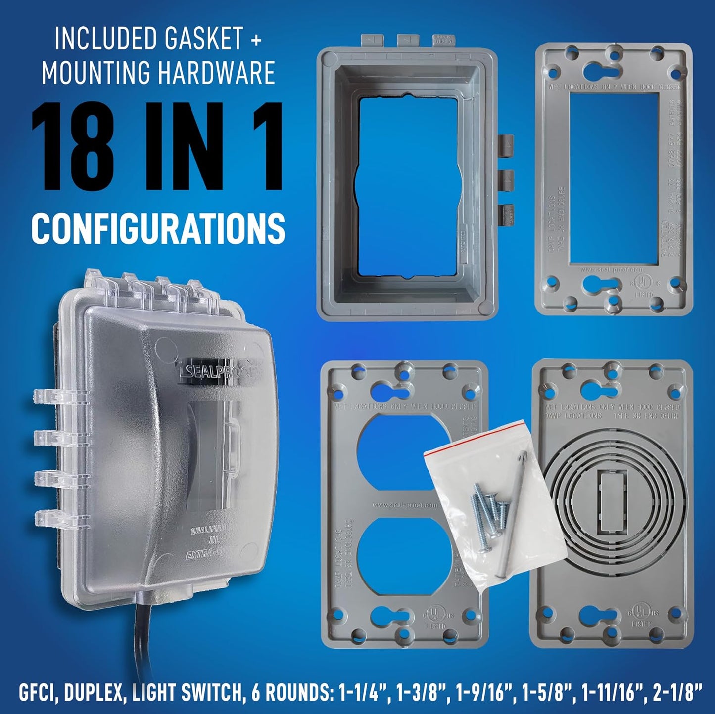 Sealproof 1-Gang Extra Deep Weatherproof in Use Outdoor Duplex Outlet Cover with Box Kit, Lockable, UL Extra Duty Compliant, 18 Configurations