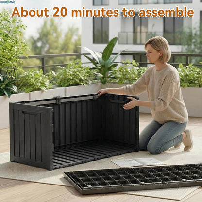 ROJIK 120 Gallon Waterproof Outdoor Deck Storage Box, Lockable Resin Patio Storage Bin with Lid for Garden Tools, Patio Cushions & Outdoor Accessories(Black)