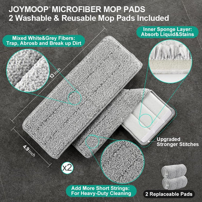 JOYMOOP Mop and Bucket with Wringer Set, Hands Free Flat Floor Mop and Bucket, 60" Mop with 3 Reusable Microfiber Pads, Wet and Dry Use, Floor Cleaning System
