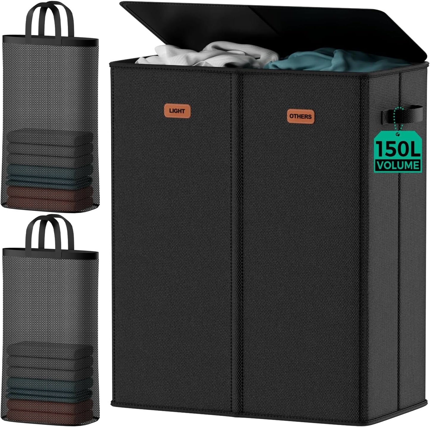 150L 2-Section Laundry Hamper with Lid – Removable Bag, Double Compartment Clothes Hamper for Bathroom, Bedroom, Dorm & Laundry Room