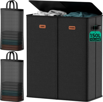 150L 2-Section Laundry Hamper with Lid – Removable Bag, Double Compartment Clothes Hamper for Bathroom, Bedroom, Dorm & Laundry Room