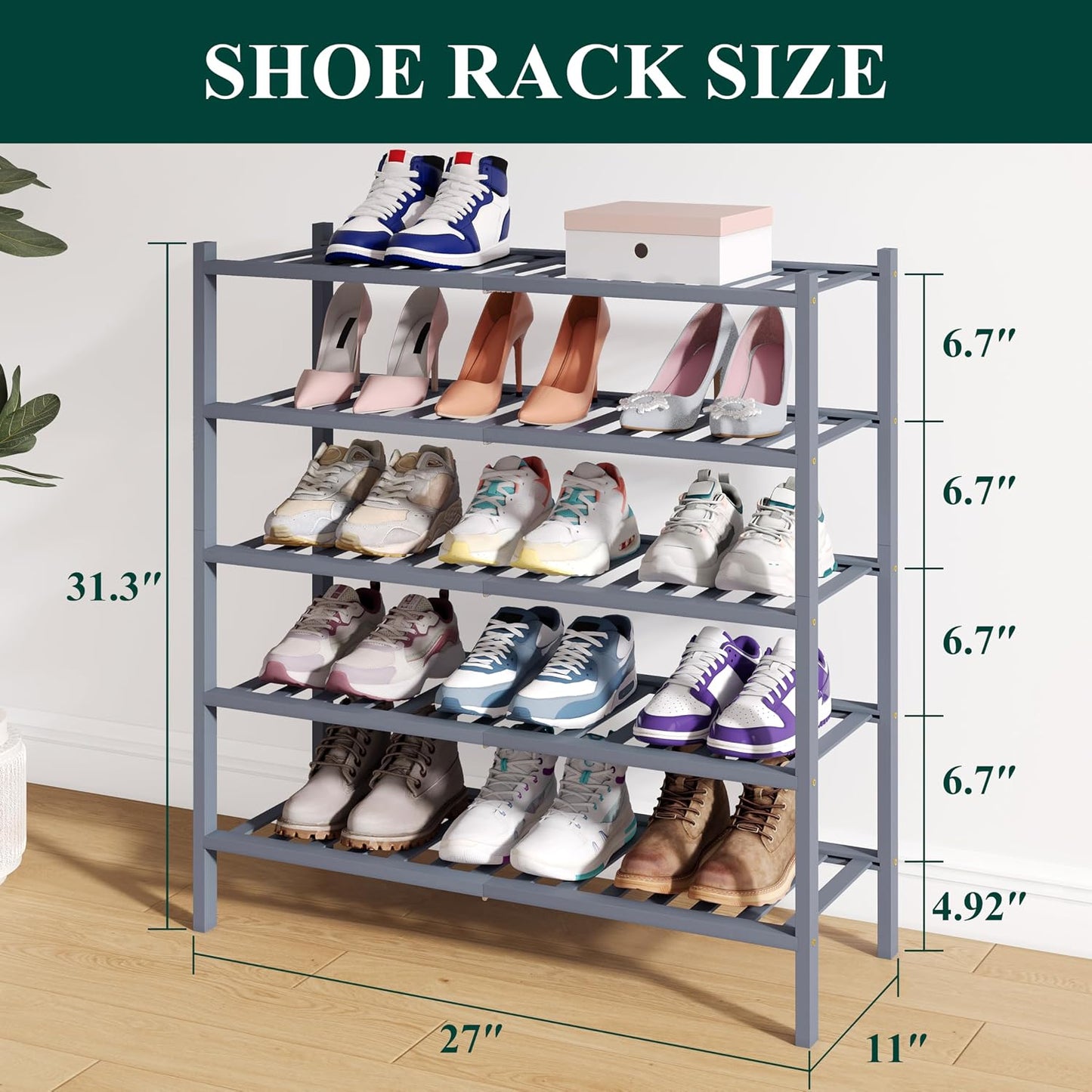 Smiry Bamboo Shoe Rack for Closet, 3 Tier Wooden Shoe Organizer, Stackable Wood Shoe Storage Shelf for Entryway, 14 Vertical Slats, One-piece Heavy-Duty Legs, 26.77"x11.02"x18.31", Natural