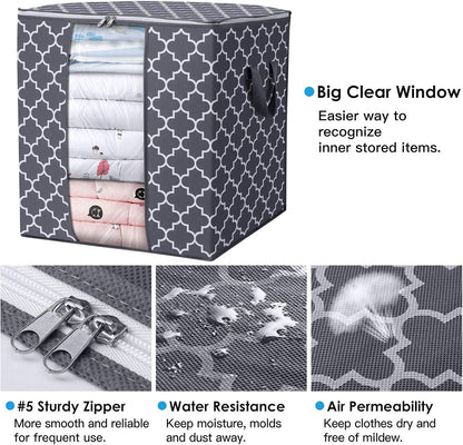 WISELIFE Storage Bags 3 Pack/100L Large Blanket Clothes Organization and Storage Containers for Comforters,Bedding, Foldable Organizer with Reinforced Handle, Clear Window, Sturdy Zippers,Gray