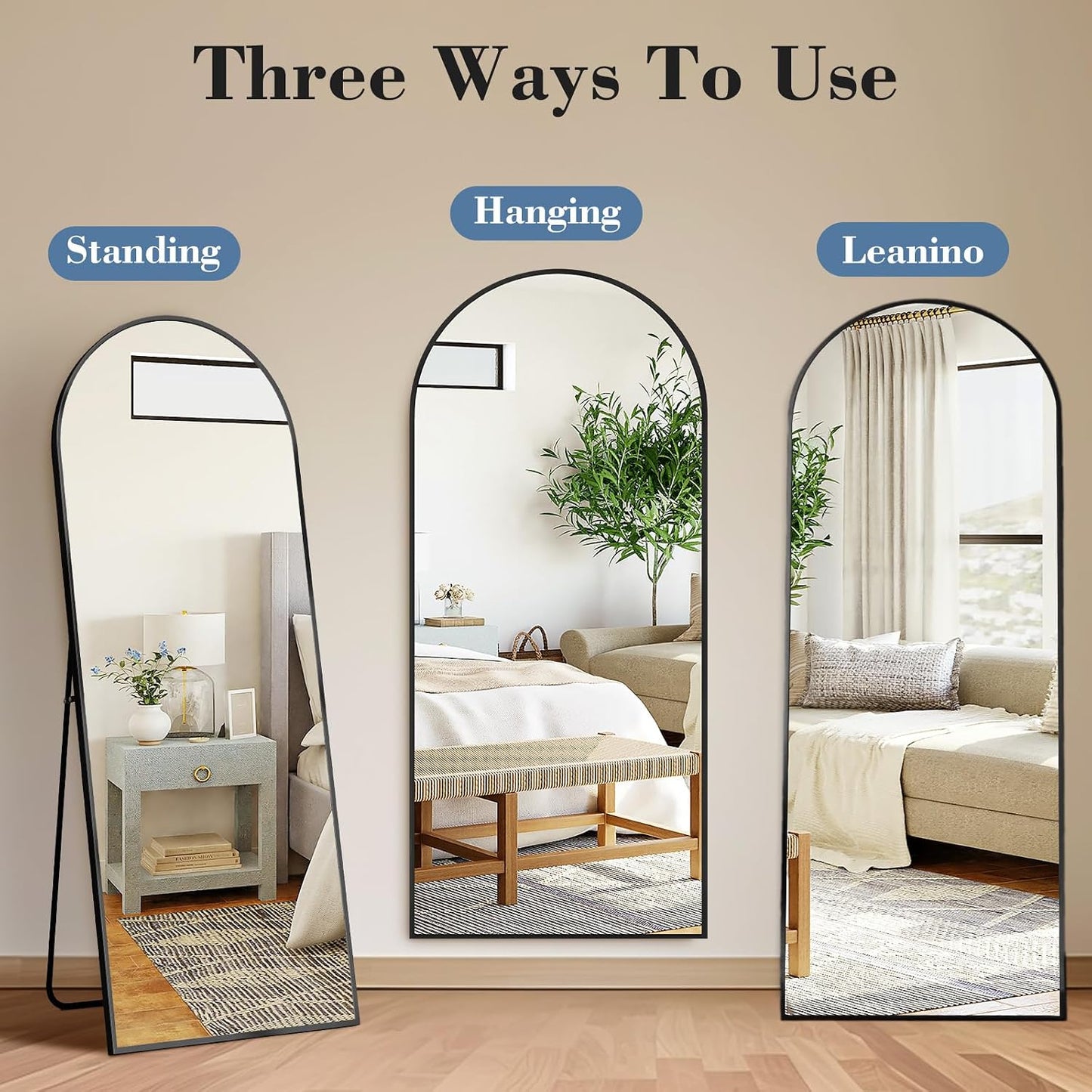 59"x16" Arched Full Length Mirror, Full Body Mirror with Leaning or Standing, Floor Standing Aluminum Frame for Bedroom, Livingroom, Cloakroom, Black