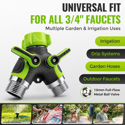 Hose Splitter 2 Way,Heavy Duty with Metal Internal Structure,Stainless Steel with Brass Inlet,Durable Anti-Slip Coated Leak-Proof Y Garden Hose Splitter,3/4" GHT Thread Garden Hose Connector