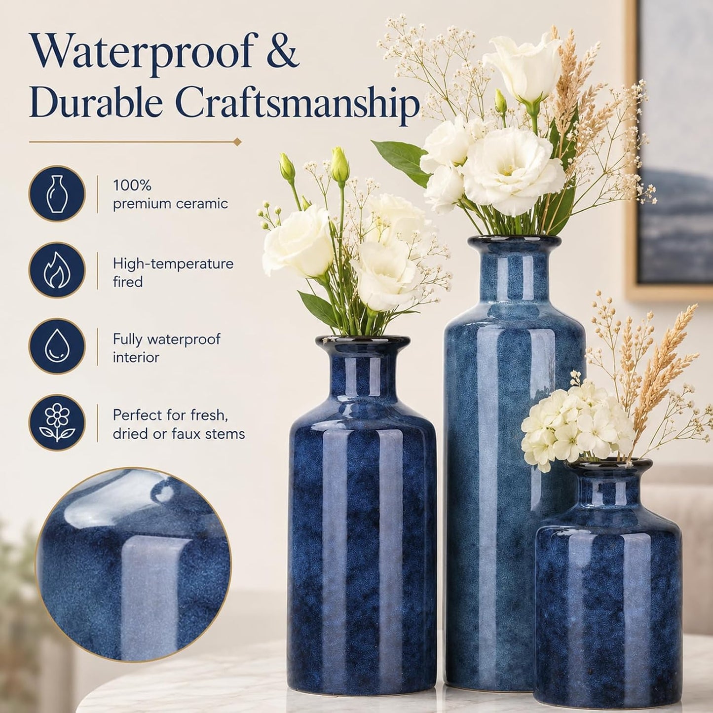 Blue Ceramic Vase Set of 3, Small Vases for Table Decor | Bring farmhouse charm to tables, shelves, mantels, entryways, living rooms, bedrooms and offices.