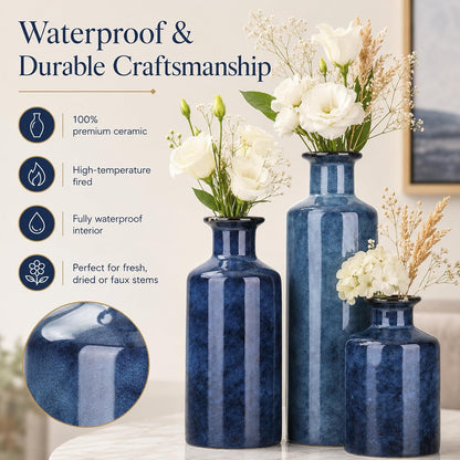 Blue Ceramic Vase Set of 3, Small Vases for Table Decor | Bring farmhouse charm to tables, shelves, mantels, entryways, living rooms, bedrooms and offices.