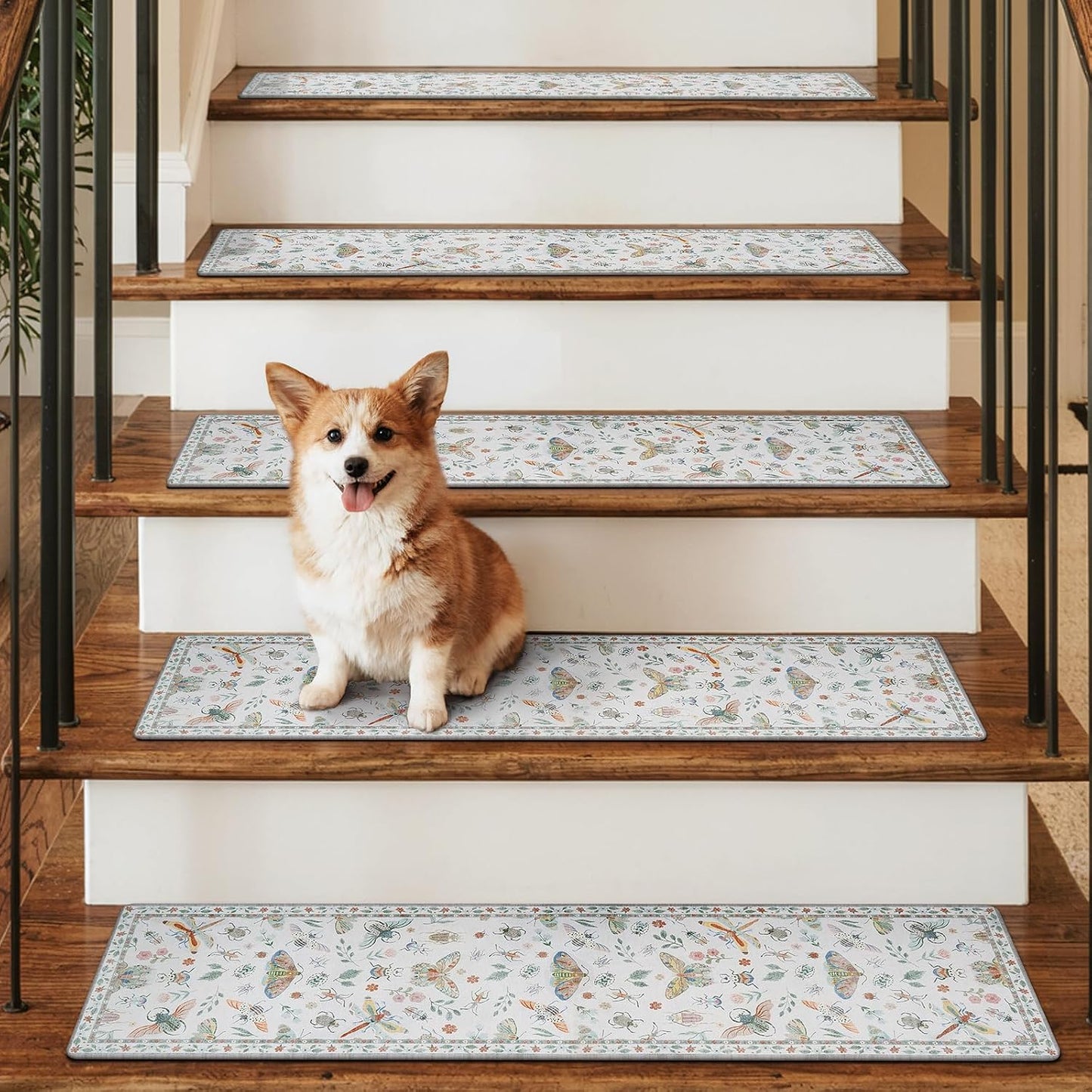 OJIA Insect Print Stair Treads Non Slip Stair Runners for Wooden Steps Indoor, 15PCS 8"x30" Rubber Backing Carpet Treads for Wood Stairs Staircase Step Treads for Kids & Dogs, Stair Covers, Black