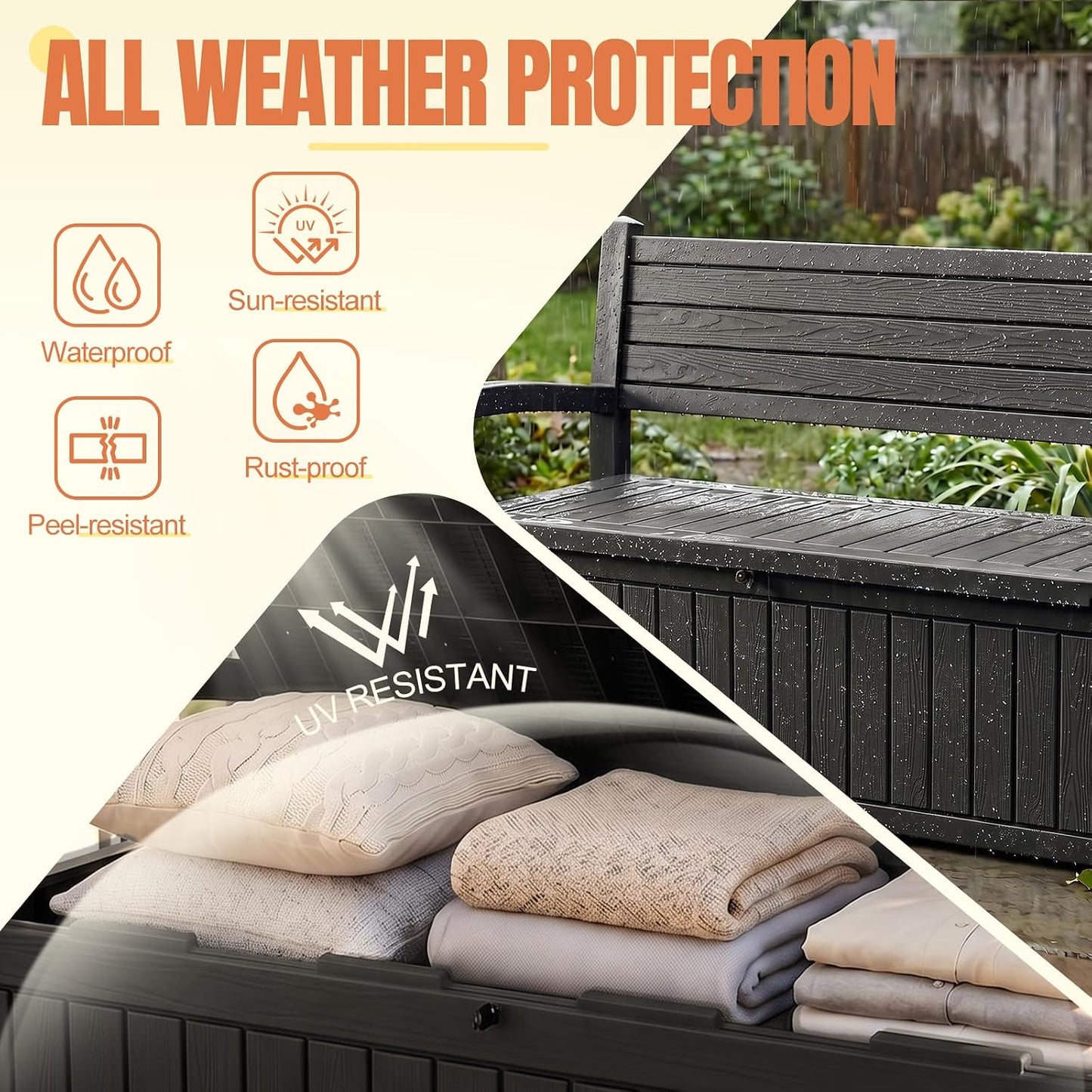 Storage Bench Outdoor Deck Box,100 Gallon Waterproof & UV Resistant Lockable Patio Furniture Seating.Indoor/Outdoor Shoe Storage Cabinet for Garden Cushions,Tools,Patio,Pool Supplies(Black)