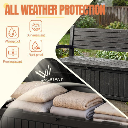 Storage Bench Outdoor Deck Box,100 Gallon Waterproof & UV Resistant Lockable Patio Furniture Seating.Indoor/Outdoor Shoe Storage Cabinet for Garden Cushions,Tools,Patio,Pool Supplies(Black)
