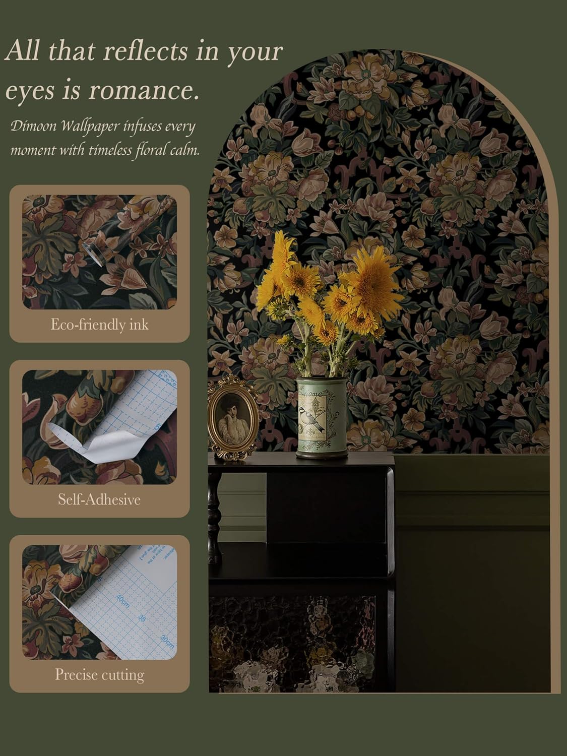 Dimoon 17.3''x78.7'' Peel and Stick Wallpaper Floral Cute Contact Paper Vintage Village Country Cottage Wallpaper Farmhouse Yellow Beige Renter Friendly Geometry Waterproof Embossed Kitchen Bedroom