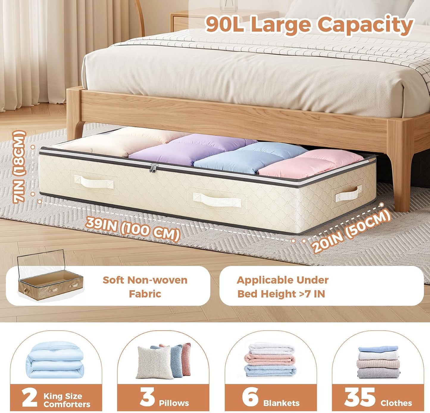 Budding Joy 90L Under Bed Storage Containers, 4 Pack Closet Organizers Grey | Foldable underbed storage bins for linen sheets, blanket, clothing, comforter, sweaters, pillows, wrapping paper
