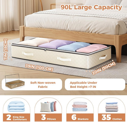 Budding Joy 90L Under Bed Storage Containers, 4 Pack Closet Organizers Grey | Foldable underbed storage bins for linen sheets, blanket, clothing, comforter, sweaters, pillows, wrapping paper