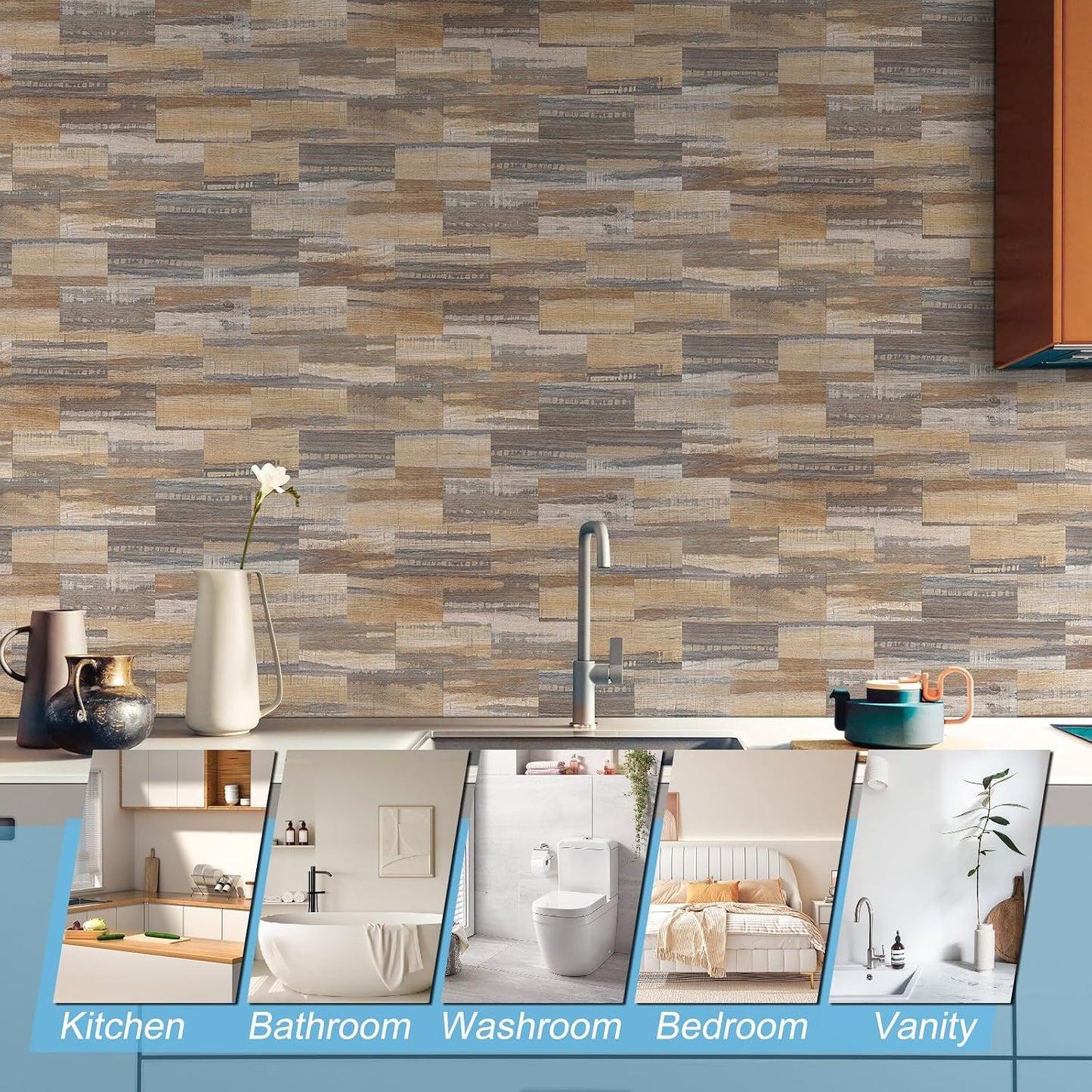 100-Piece Faux Stone Peel and Stick Backsplash Tile, Waterproof Thick PVC Stick On Subway Wall Tile for Kitchen Bathroom Laundry Room Fireplace - 3" x 6", Tan Wood