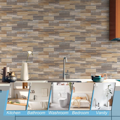 100-Piece Faux Stone Peel and Stick Backsplash Tile, Waterproof Thick PVC Stick On Subway Wall Tile for Kitchen Bathroom Laundry Room Fireplace - 3" x 6", Tan Wood