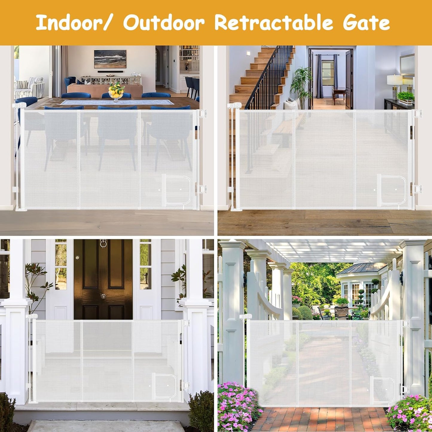 Reinforced 60” Wide Retractable Pet Gate with Cat Door Mesh Baby Gate for Stairs with Reinforced Strips Retractable Dog Gates with Cat Door Mesh Dog Gates for Doorways Separating Dogs from Cats, White