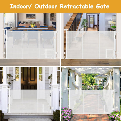 Reinforced 60” Wide Retractable Pet Gate with Cat Door Mesh Baby Gate for Stairs with Reinforced Strips Retractable Dog Gates with Cat Door Mesh Dog Gates for Doorways Separating Dogs from Cats, White