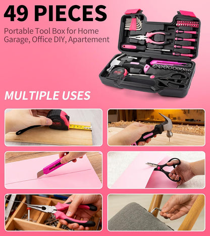 Tool Set 49PCS, Small Tool Kit, All Purpose Small General Household Tool Box for Home/Office/College Repair, DIY, Ideal Gift Choice, Pink