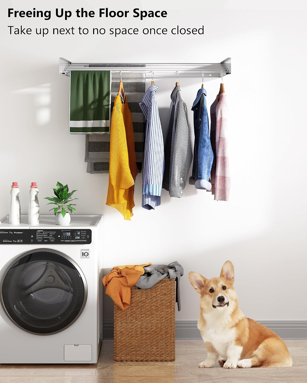 Wall Mounted Drying Rack 31.5", 5 Aluminum Poles, 60 lb. Load Capacity, Foldable, Retractable, Space Saving Clothes Drying Rack (31.5" White)