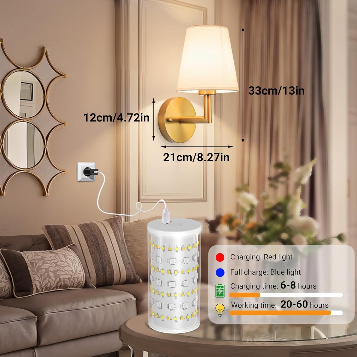 Nekhung Battery Operated Wall Sconces Set of Two, Wireless Battery Wall Light with 10000mAh RGB Dimmable Magnetic Bulb and Remote, Rechargeable Sconce Wall Decor for Bedroom Living Room Hallway