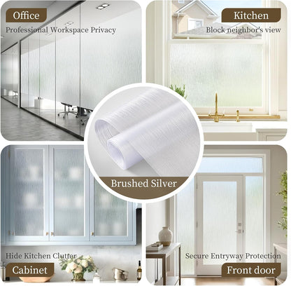 Frosted Window Privacy Film - Brushed Silver Static Cling Glass Film for Bathroom, Day and Night Door Privacy Film Window Cover to Stop Dog Barking, 17.5x78.7 Inch, Pure
