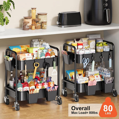 2 Tier Small Rolling Cart Metal with Wheels, White Under Desk Storage Cart on Wheels, Short Utility Roller Caddy Carts Organizer for Art,Craft,Pantry,Bathroom, Two Tiered Shelf Trolley,22 Inches Tall