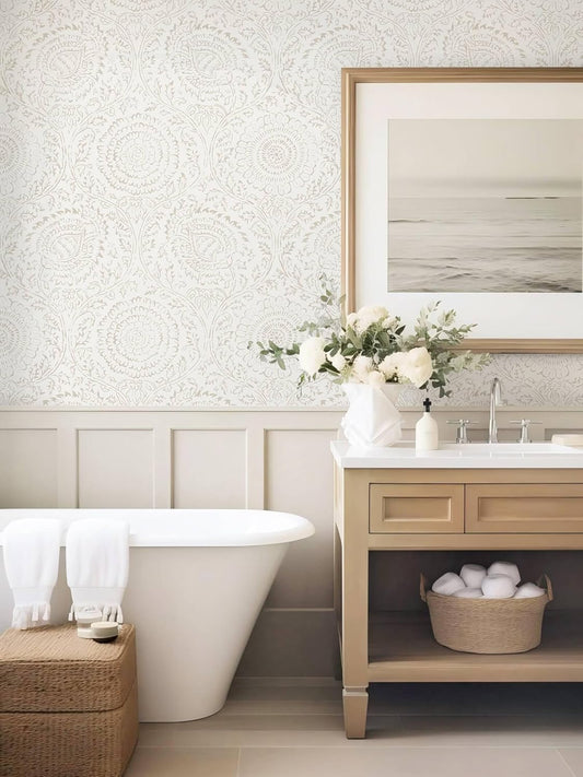 Ismoon Peel and Stick Wallpaper Boho Beige Contact Paper Neutral Floral Wall Paper Textured Self Adhesive Removable Wallpaper for Bedroom Kitchen Renter Friendly Vinyl 17.3" x 78.7"