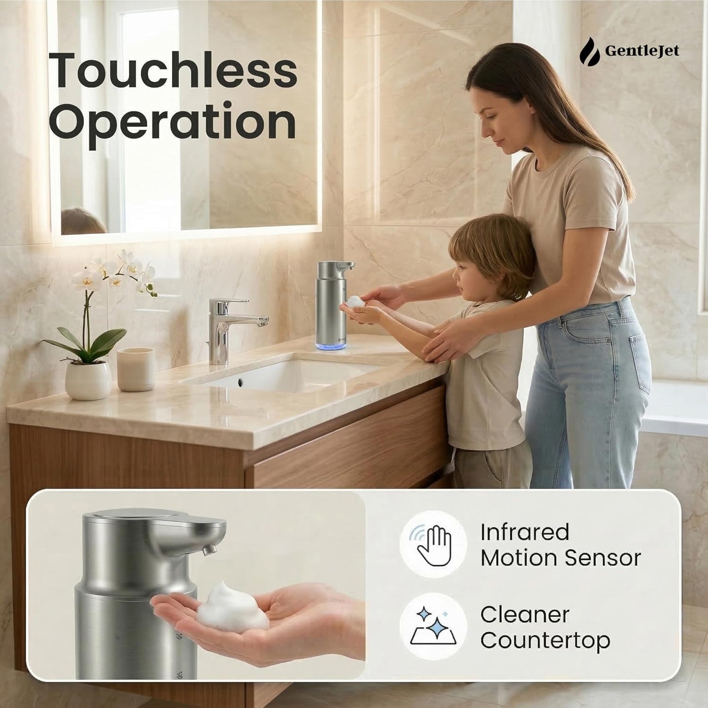 GentleJet CrystalJet Automatic Foam Soap Dispenser – Stainless Steel, Touchless Sensor, USB-C Rechargeable, Waterproof, Modern Bathroom & Kitchen Sink, 300 ml