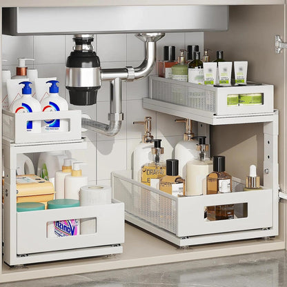 2 Pack Under Sink Organizer with Next-Gen Ball-Bearing Slides,2-Tier Pull Out Cabinet Storage,Height Adjustable Drawer Shelf for Bathroom,Kitchen,Laundry,Cabinet,Pantry(Patent Pending)