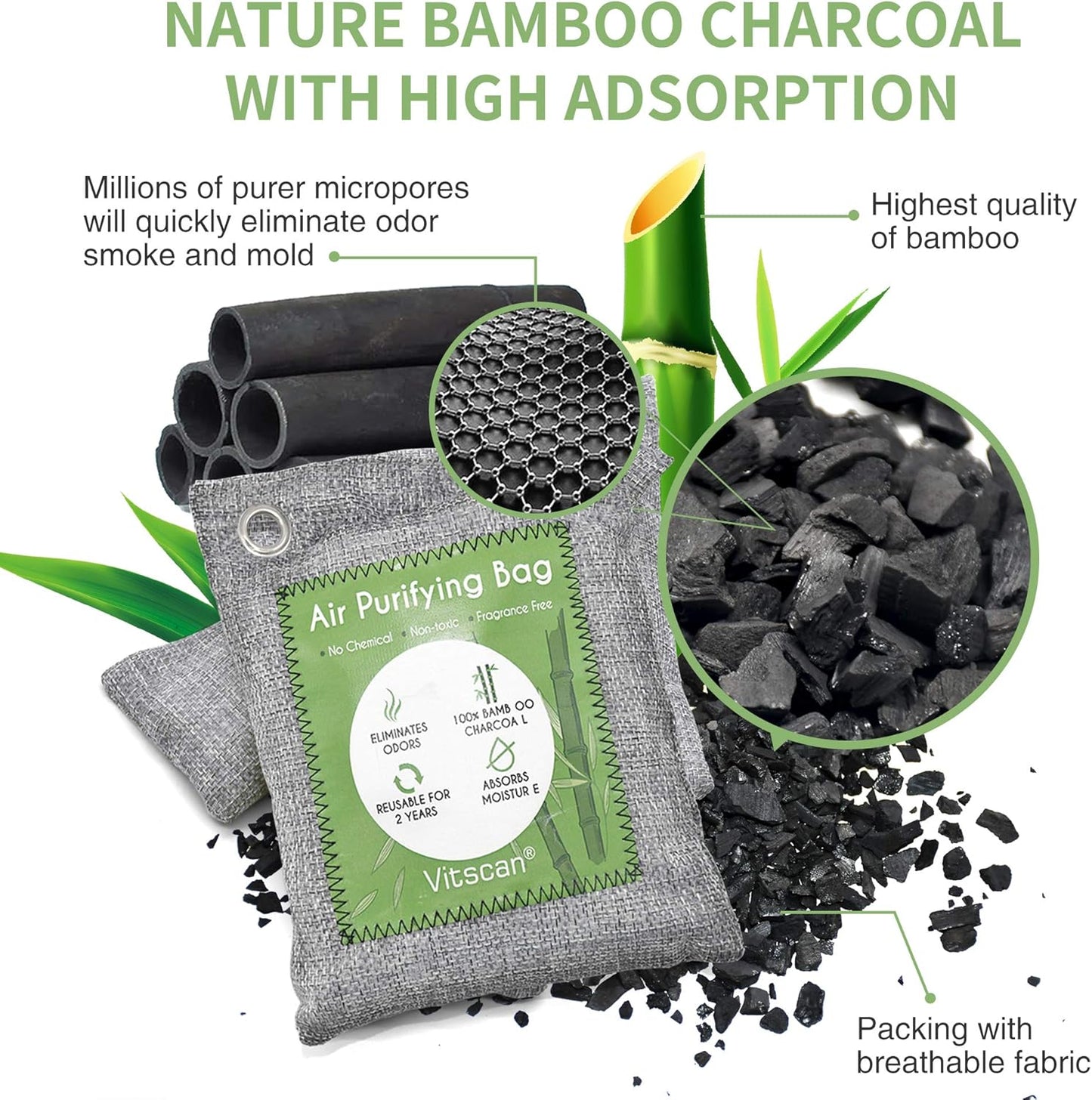 6 Pack Bamboo Charcoal Air Purifying Bag, Activated Charcoal Bags Odor Absorber, Moisture Absorber, Natural Car Air Freshener, Shoe Deodorizer, Odor Eliminators For Home, Pet, Closet