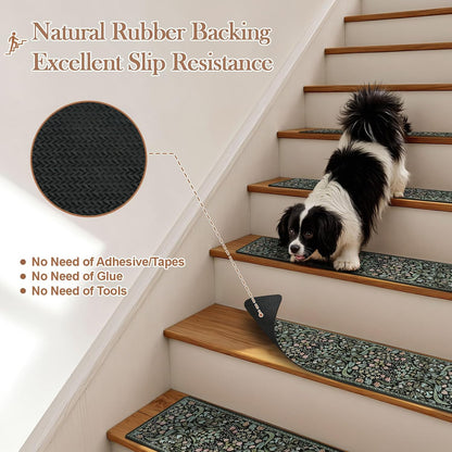OJIA Floral Stair Treads Non-Slip Stair Runner for Wooden Steps Indoor 15PCS 30"x8" Carpet Stair Treads Stair Mats Staircase Step Treads for Kids, Elders and Dogs, Stair Covers, Black